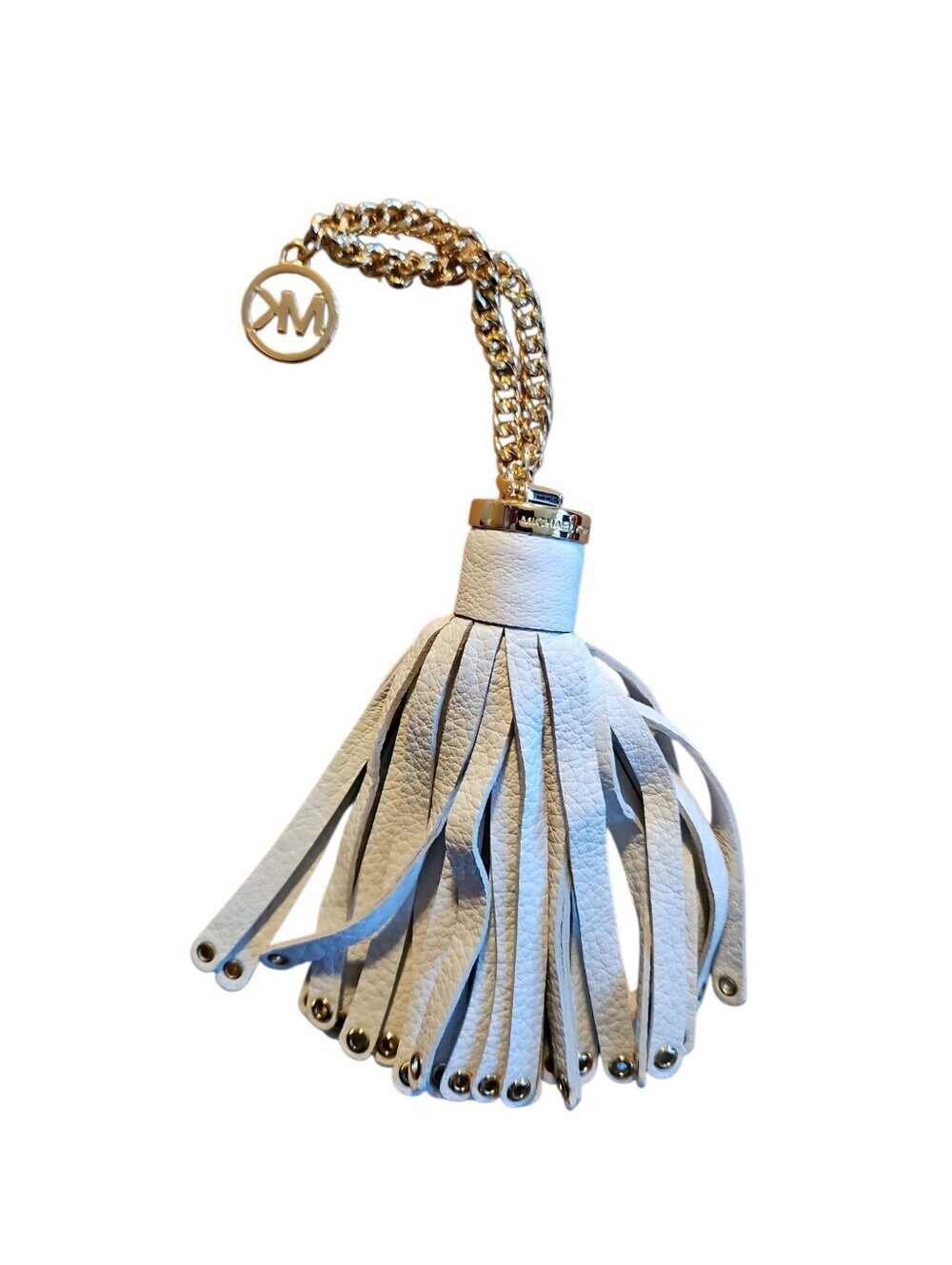 Michael Kors White Leather Tassel Bag Charm Gold Chain Keychain - Picture 2 of 5
